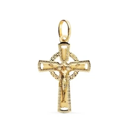 Cruz Cristo Colgante Oro 18k unisex 28 mm. detalles tallados bordes d