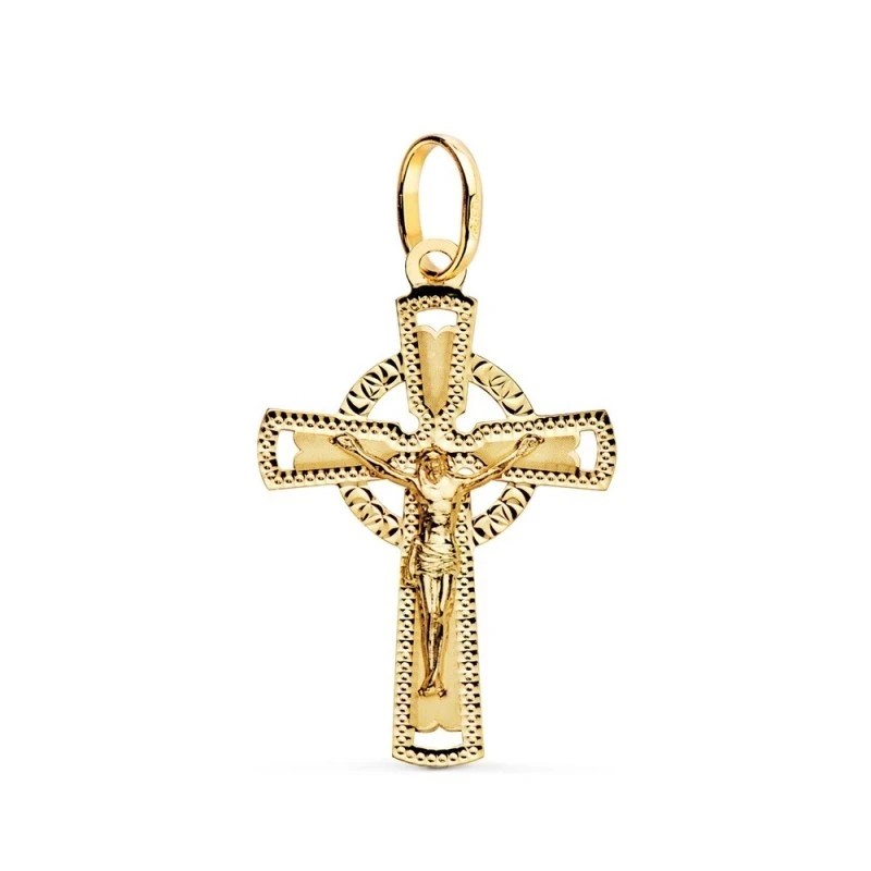 Cruz Cristo Colgante Oro 18k unisex 28 mm. detalles tallados bordes d