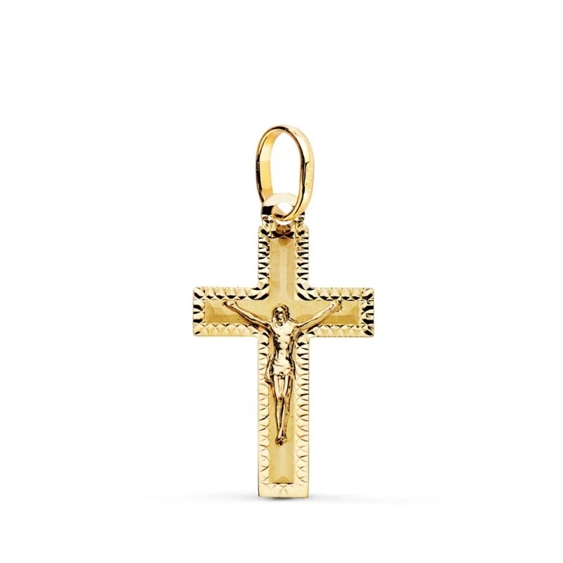 Cruz Cristo Colgante Oro 18k unisex 23 mm. borde tallado terminacione