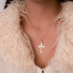 Cruz Cristo Colgante Oro 18k unisex 32 mm. lisa combinada mate brillo