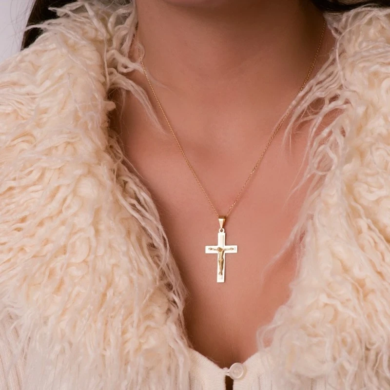 Cruz Cristo Colgante Oro 18k unisex 32 mm. lisa combinada mate brillo