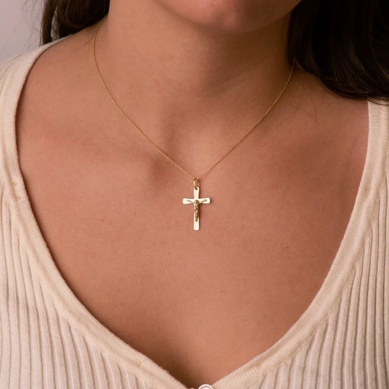 Cruz Cristo Colgante Oro 18k unisex 25 mm. plana lisa bordes redondea