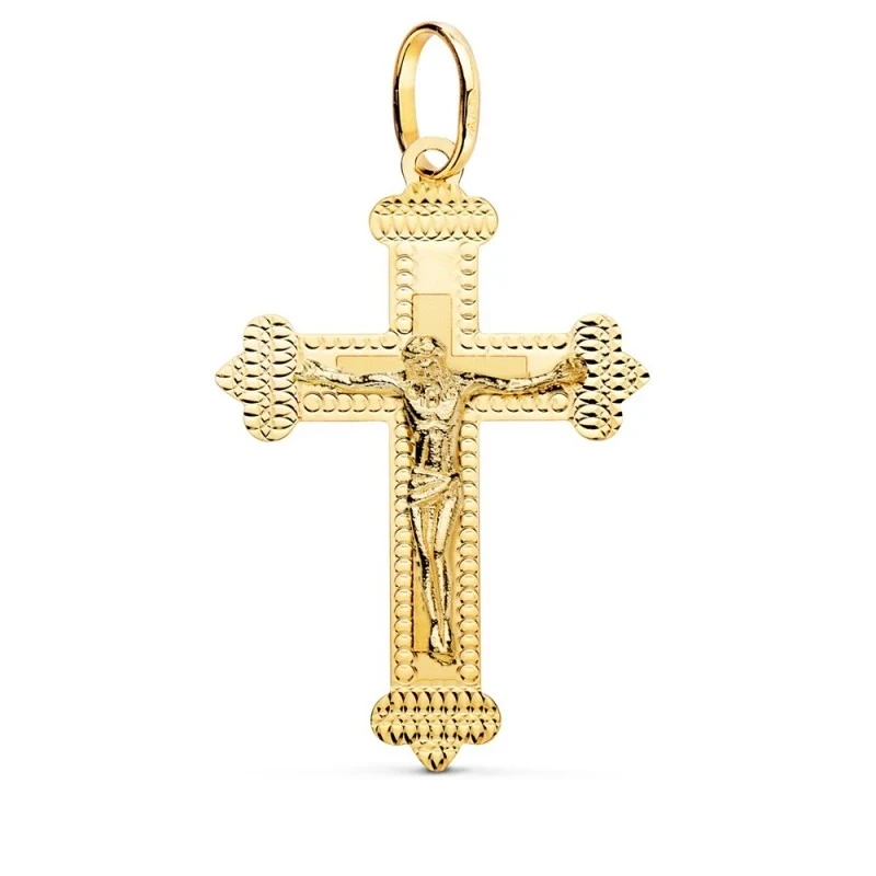 Cruz Cristo Colgante Oro 18k unisex 35 mm. detalles tallados plana pu