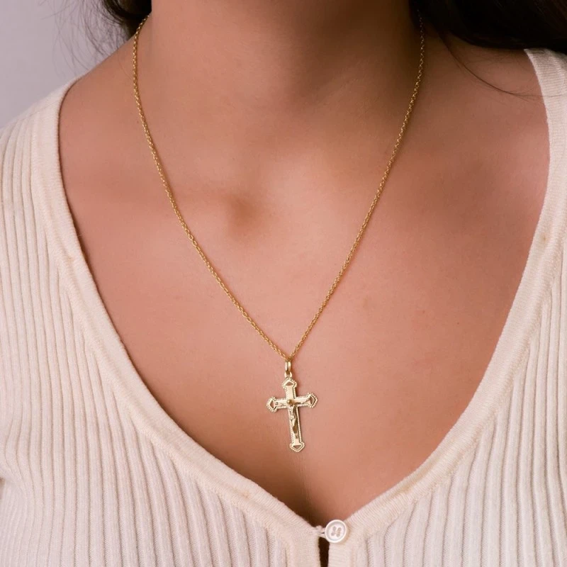 Cruz Cisto Oro 18k unisex 35 mm. bordes detalles tallados combinados