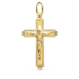 Cruz Cristo Colgante Oro 18k unisex 35 mm. detalles tallados borde cr