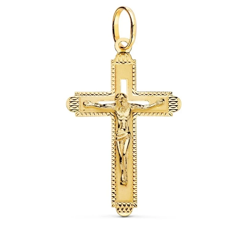 Cruz Cristo Colgante Oro 18k unisex 35 mm. detalles tallados borde cr