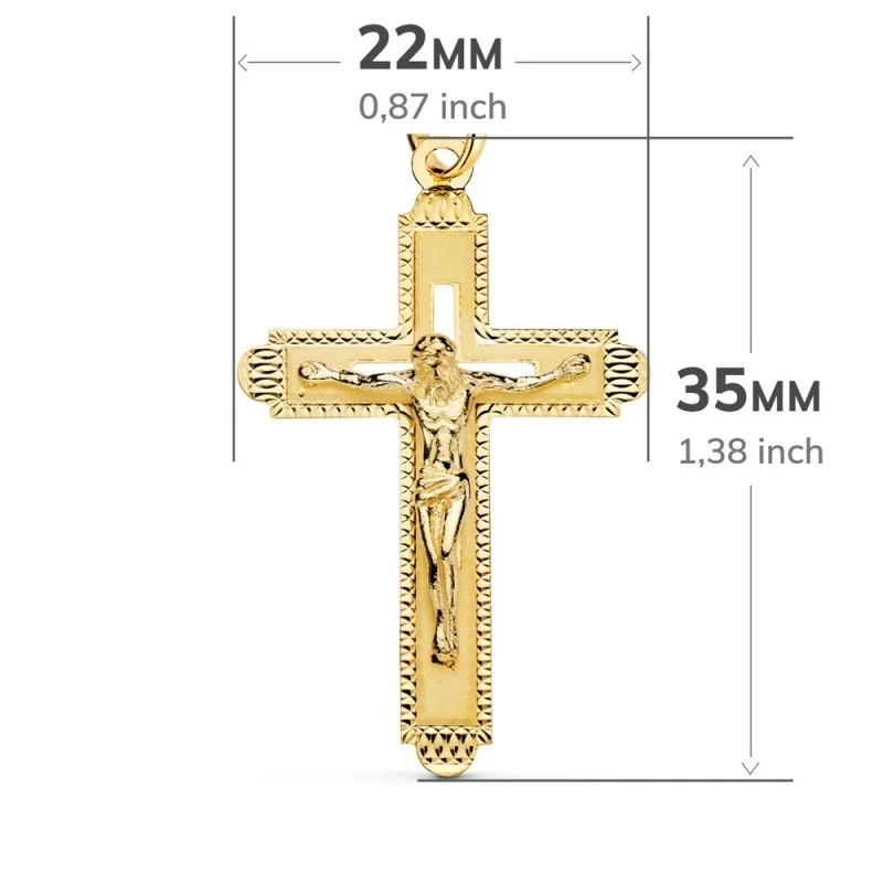 Cruz Cristo Colgante Oro 18k unisex 35 mm. detalles tallados borde cr