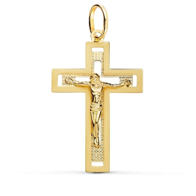 Cruz Cristo Colgante Oro 18k unisex 35 mm. detalles calados combinado