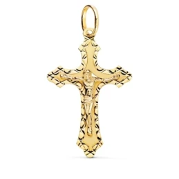 Cruz Cristo Colgante Oro 18k unisex 35 mm. detalles tallados borde te