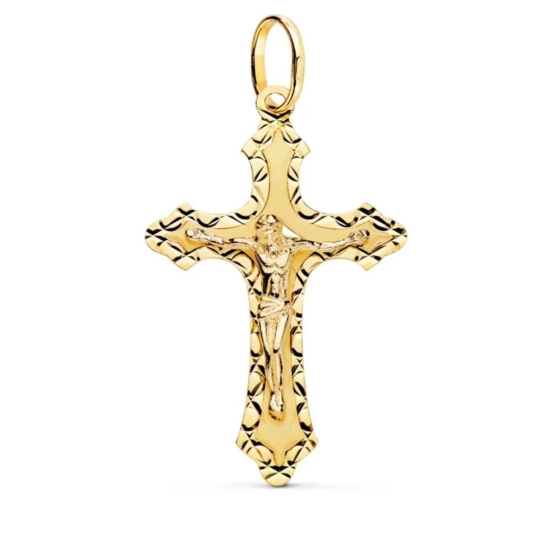 Cruz Cristo Colgante Oro 18k unisex 35 mm. detalles tallados borde te