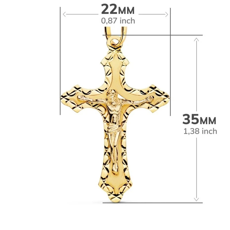 Cruz Cristo Colgante Oro 18k unisex 35 mm. detalles tallados borde te