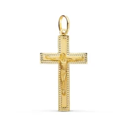 Cruz Cristo Colgante Oro 18k unisex 35 mm. plana detalles tallados bo