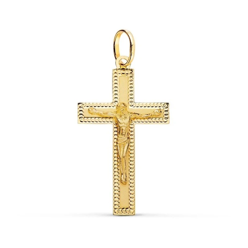 Cruz Cristo Colgante Oro 18k unisex 35 mm. plana detalles tallados bo