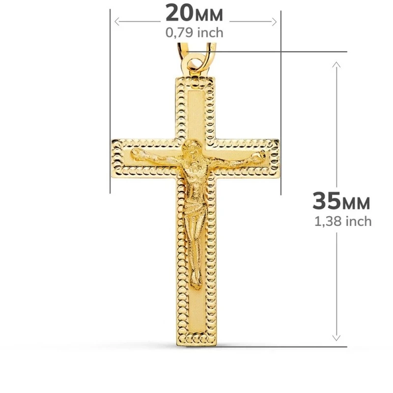 Cruz Cristo Colgante Oro 18k unisex 35 mm. plana detalles tallados bo
