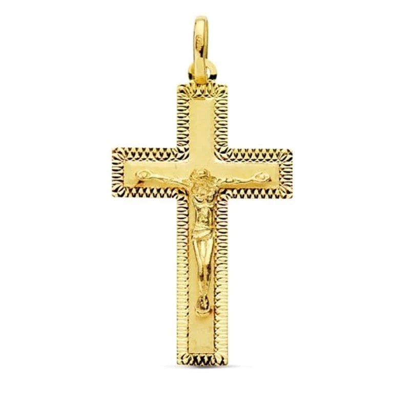 Cruz Cristo Colgante Oro 18k unisex 35 mm. lisa plana borde detalles