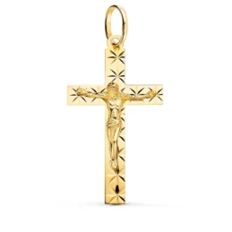 Cruz Cristo Colgante Oro 18k unisex 34 mm. estrellas talladas detalle