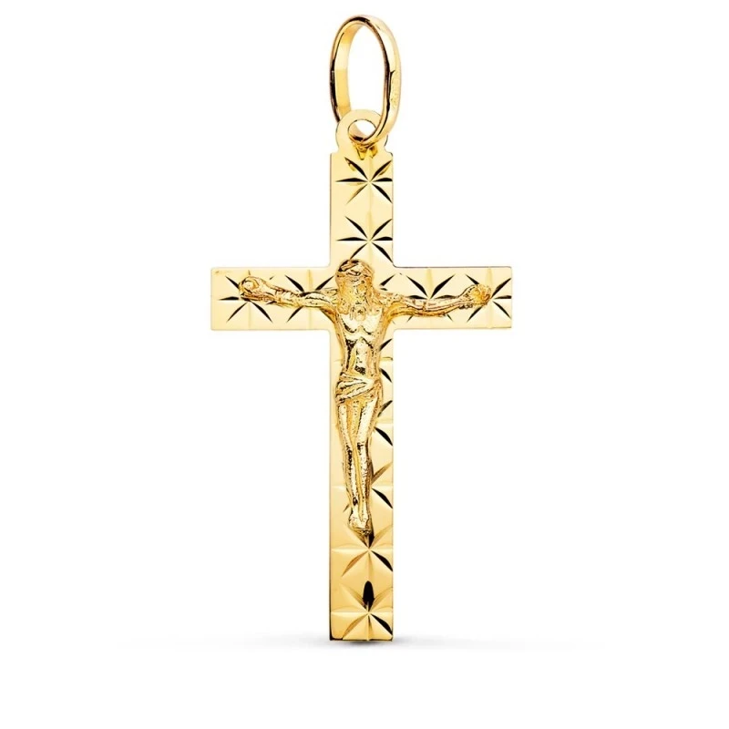 Cruz Cristo Colgante Oro 18k unisex 34 mm. estrellas talladas detalle