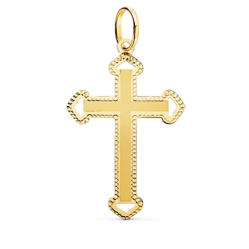 Cruz Oro 18k unisex 35 mm. lisa detalles tallados borde formas calada