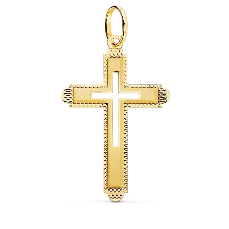 Cruz Oro 18k unisex 35 mm. detalles tallados borde relieve centro cru
