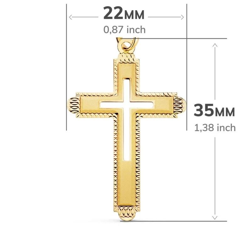 Cruz Oro 18k unisex 35 mm. detalles tallados borde relieve centro cru