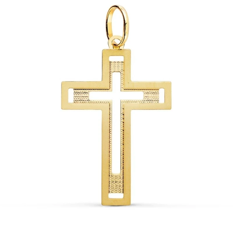 Cruz Oro 18k unisex 35 mm. lisa combinada detalles tallados calada