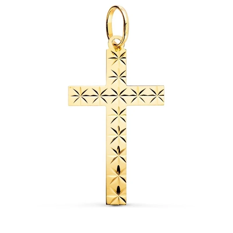 Cruz Oro 18k unisex 35 mm. plana detalle estrellas talladas