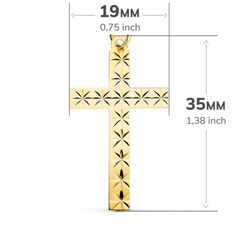 Cruz Oro 18k unisex 35 mm. plana detalle estrellas talladas