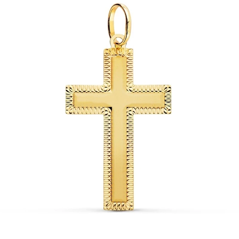 Cruz Oro 18k unisex 35 mm. lisa plana detalles tallados borde formas