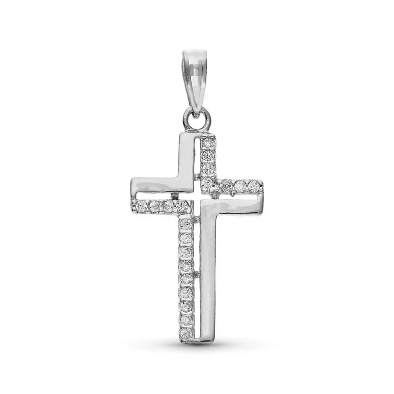 Cruz Colgante Oro Blanco 9k unisex 25 mm. circonitas combinadas lisa