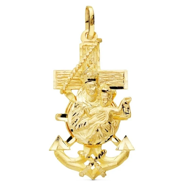 Cruz Marinera Virgen del Carmen Colgante Oro 9k unisex 47 mm. detalle