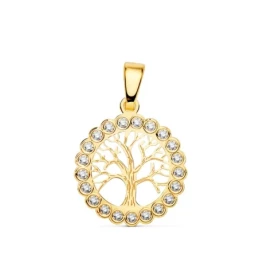 Árbol Vida Medalla Oro 18k unisex 15 mm. calado cerco detalle circoni