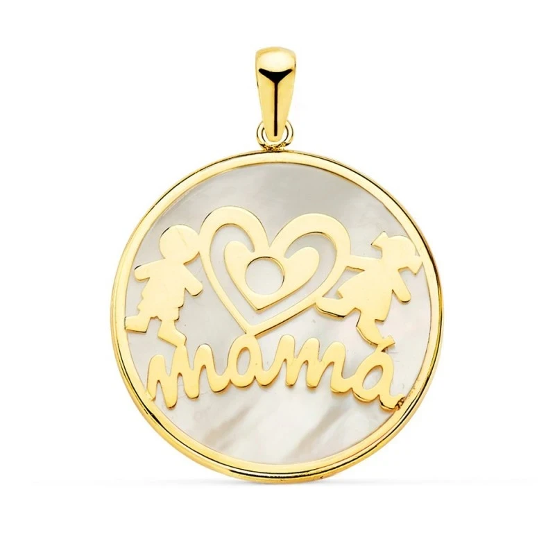 Colgante Oro 18k mamá 20 mm.  nácar niño niña mujer