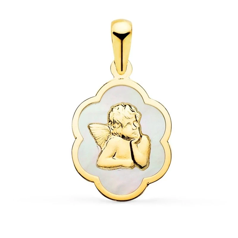 Ángel Burlón Nube Colgante Oro 18k Nácar 15 mm.