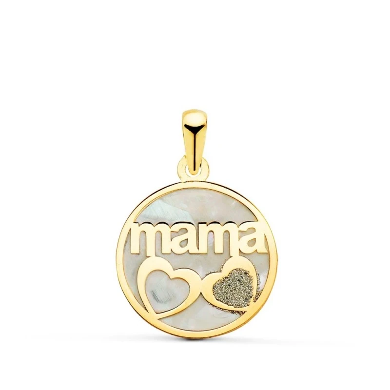 Colgante Oro 18k mamá círculo corazones nácar polvo circonita 16 mm.