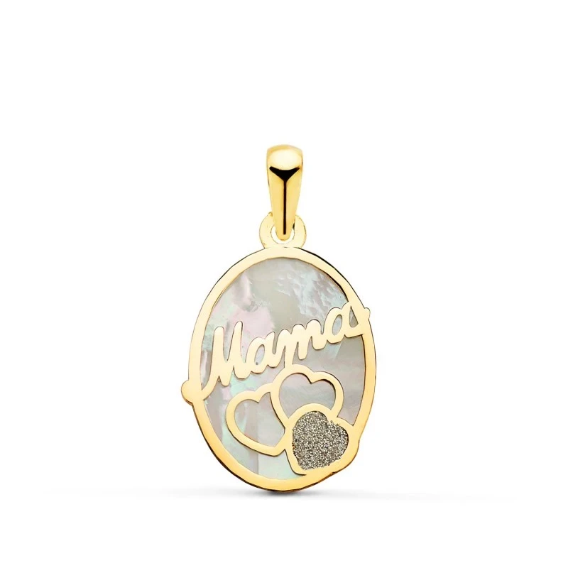 Colgante Oro 18k mamá oval corazones nácar polvo circonita 17 mm. muj