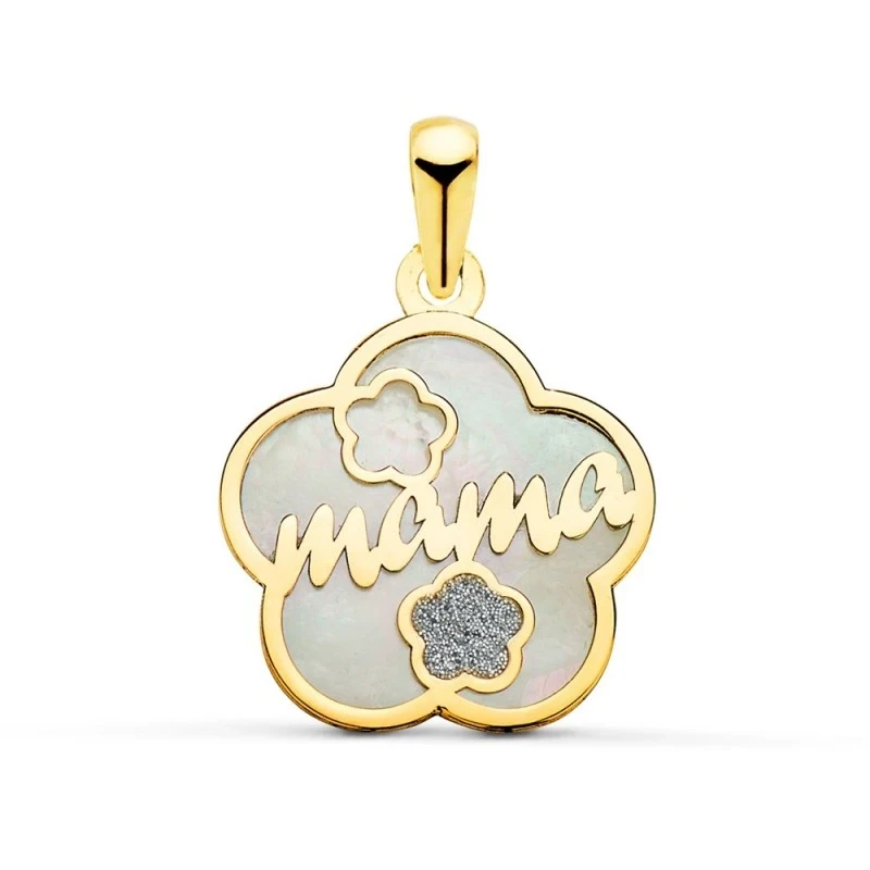 Colgante Oro 18k flor mamá nácar flores polvo circonita 15 mm. mujer