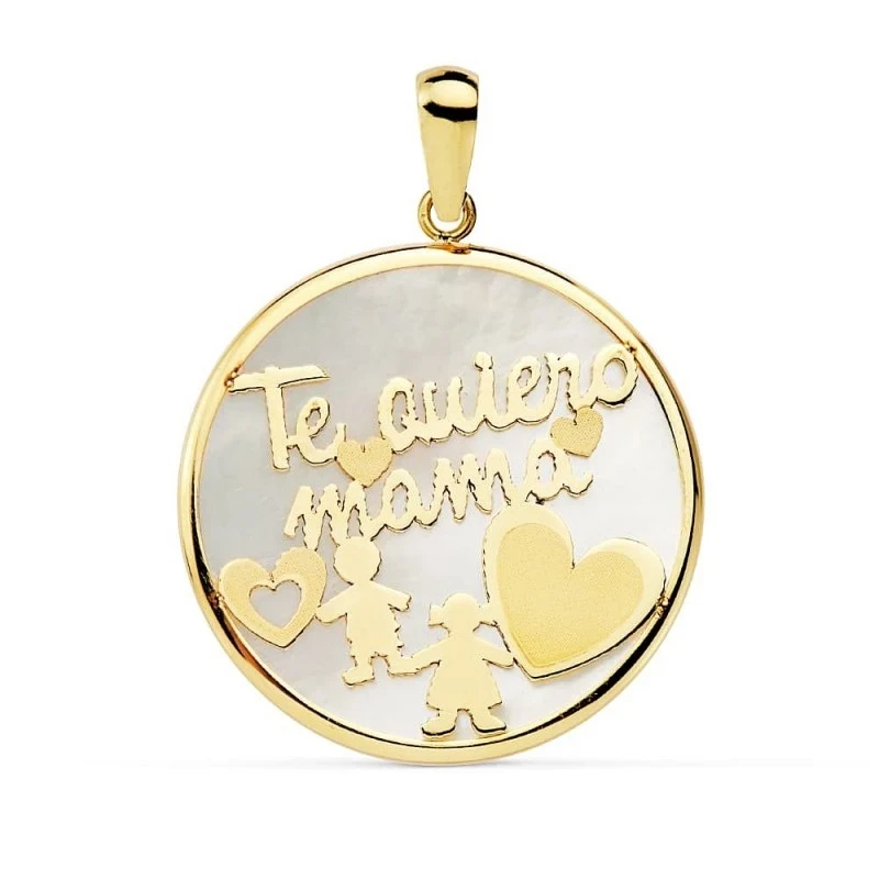 Colgante Oro 9k mamá nácar niño niña corazones 20 mm. mujer