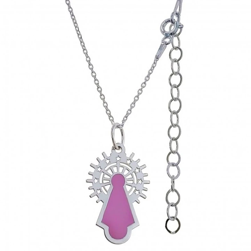 Virgen del Pilar Gargantilla Plata Ley 925m esmaltada rosa cadena for