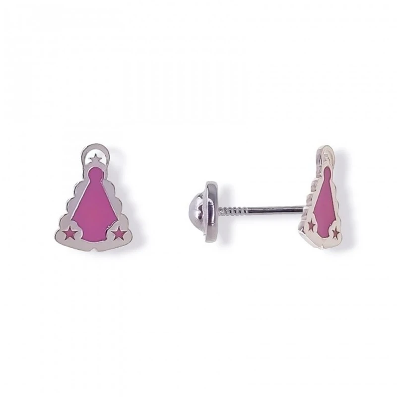 Virgen del Rocío Pendientes Plata Ley 925m esmaltados rosa 8 mm. niña