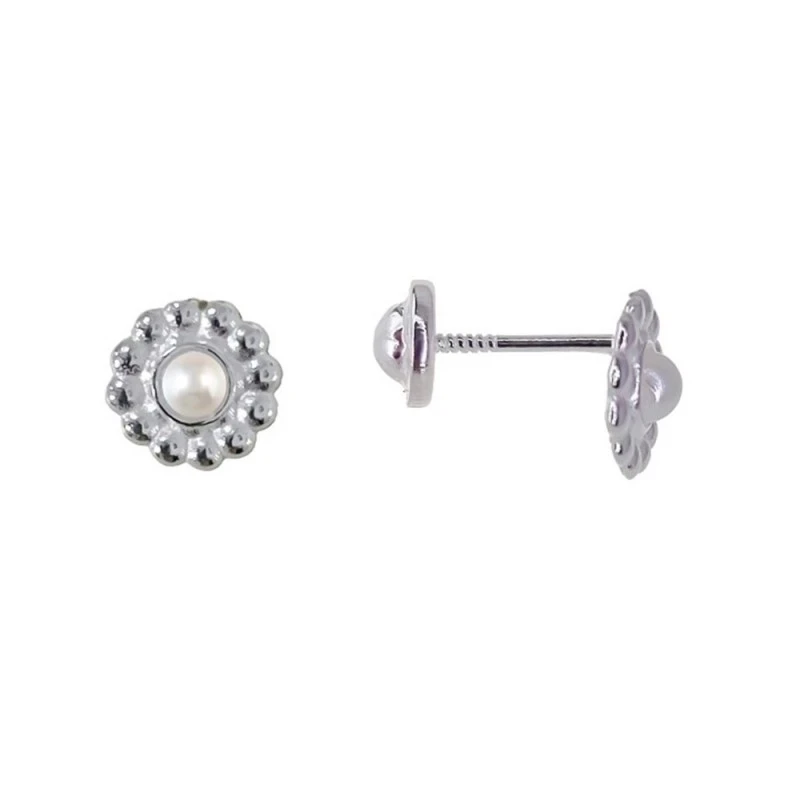 Pendientes Plata Ley 925m niña flor redonda 8 mm. perla