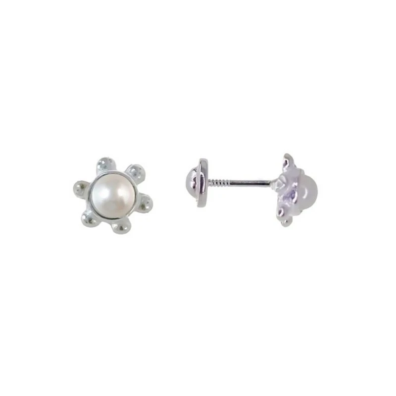 Pendientes Plata Ley 925m niña flor 5 mm. perla