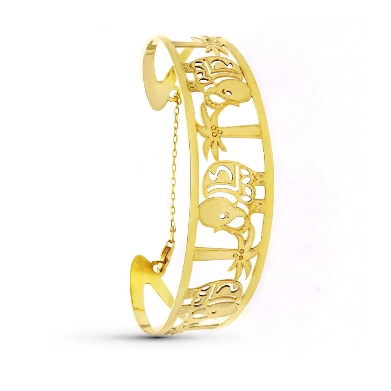 Pulsera rígida Oro 18k elefantes palmeras 20 mm. láser