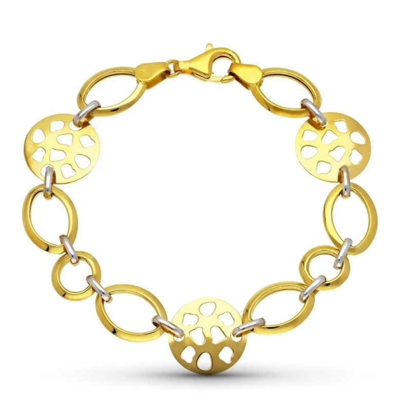 Pulsera Oro 18k bicolor eslabones círculos motivos calados