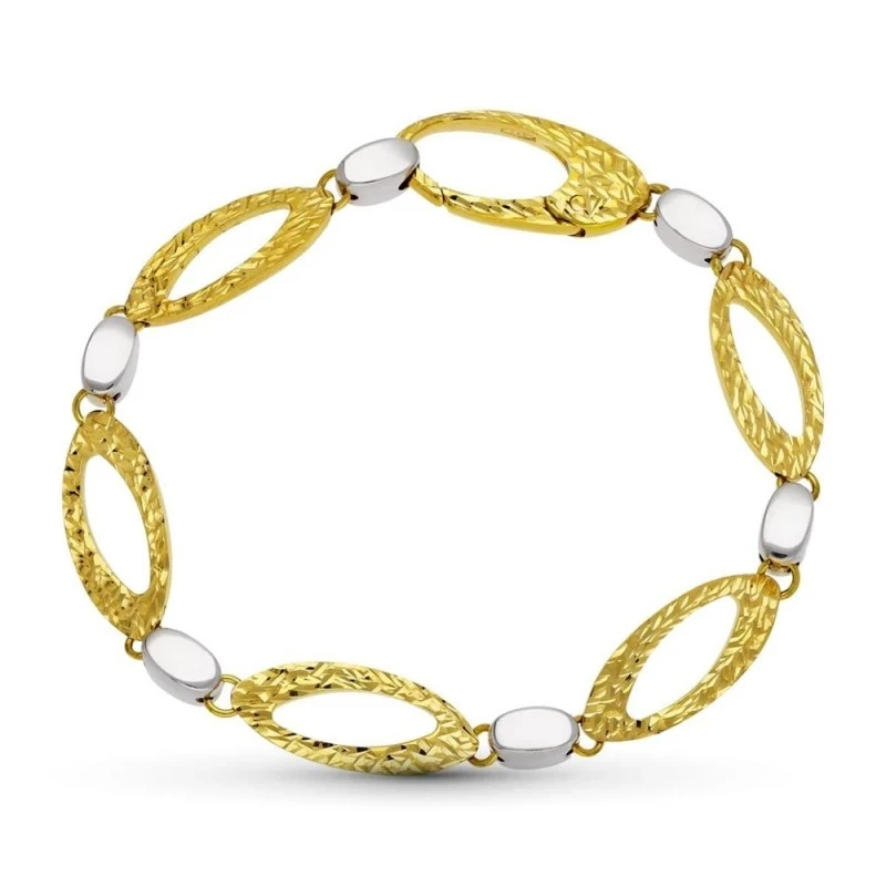 Pulsera Oro 18k bicolor eslabones asas detalles dibujo tallado