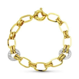 Pulsera Oro 18k bicolor eslabones asas hueca discos oro blanco detall