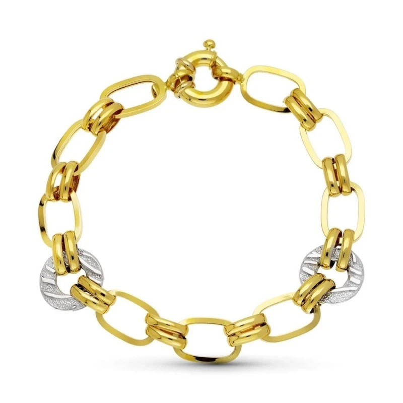 Pulsera Oro 18k bicolor eslabones asas hueca discos oro blanco detall