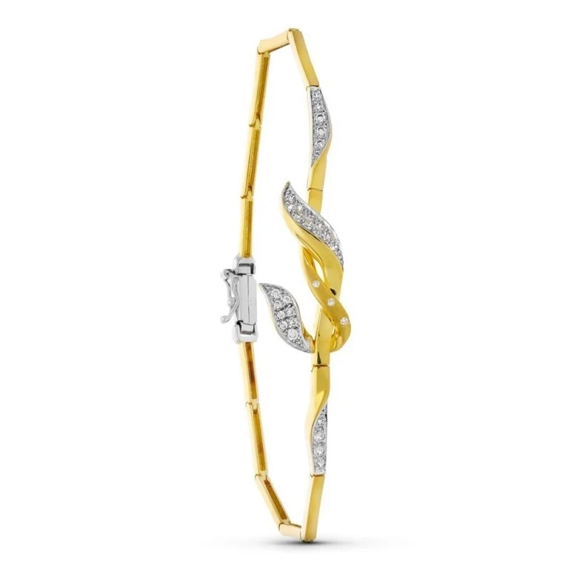 Pulsera Oro 18k bicolor hojas circonitas mate brillo