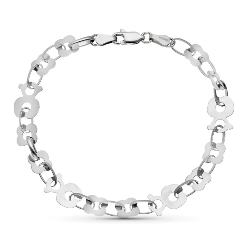 Pulsera Oro 18k blanco 19 cm. osos flores calados eslabones