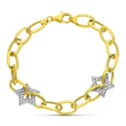 Pulsera Oro 18k bicolor 20 cm. motivo estrellas circonitas eslabones