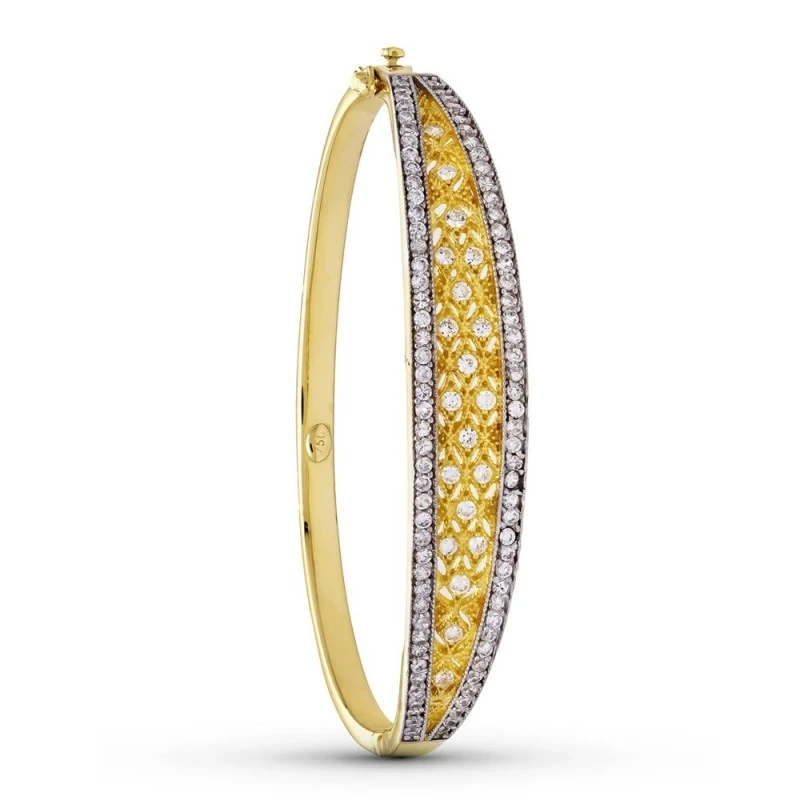 Pulsera Oro 18k bicolor circonitas calada rígida brazalete